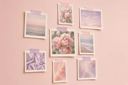 A moodboard of instant photos taped to a blush wall