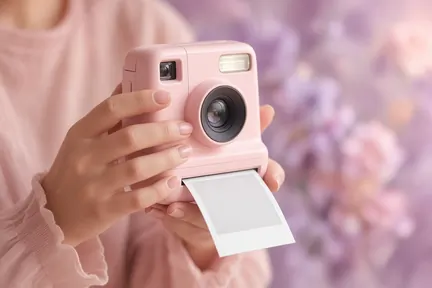Hands holding a pink instant camera as a print slides out