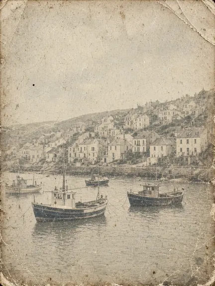 Before: an old, faded print of a seaside harbor