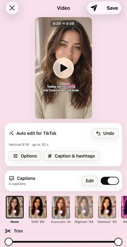 Aybuke's video editor after Auto edit for TikTok: a vertical 9:16 cut with captions, Options and Caption & hashtags, captions in Karaoke style and the trim bar