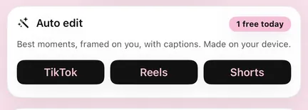The Auto edit card in Aybuke's video editor: Best moments, framed on you, with captions. Made on your device. Buttons for TikTok, Reels and Shorts, and a 1 free today label