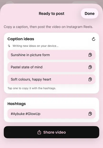 Ready to post: caption ideas such as Pastel state of mind with copy buttons, hashtags and a Share video button