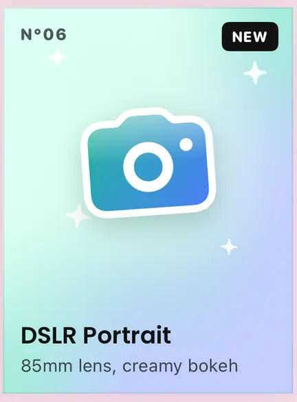 The DSLR Portrait card in Aybuke's Styles: a camera on a pink and aqua gradient, 85mm lens, creamy bokeh