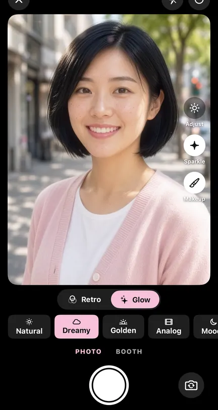 Glow Cam in Aybuke: the Dreamy look with Sparkle on a portrait, the Retro and Glow tabs, and the looks Natural, Dreamy, Golden, Analog and Moody