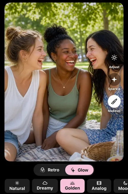 Three friends laughing at a picnic, with Glow Cam's Golden look and a soft lip and blush tint on each of them