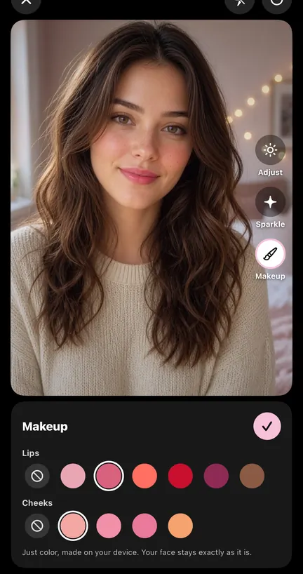 Glow Cam's Makeup panel with lip colors and blushes, and the note “Just color, made on your device. Your face stays exactly as it is.”