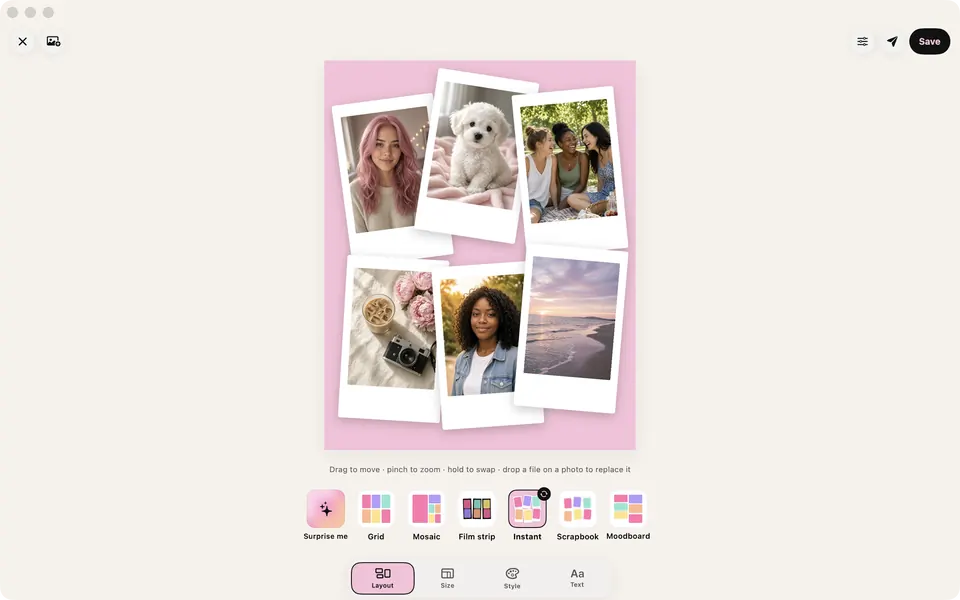 A photo dump of instant prints on a Mac, on AI-generated sample photos (not real people)