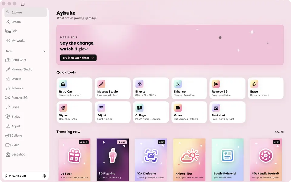 Aybuke's Explore on a Mac: the sidebar with Explore, Create, Edit, My Works, every tool and the credits left, beside Magic Edit, quick tools and trending looks