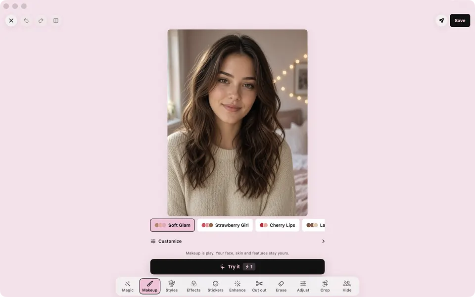 Makeup Studio on a Mac with the Soft Glam look picked, on an AI-generated sample photo (not a real person)
