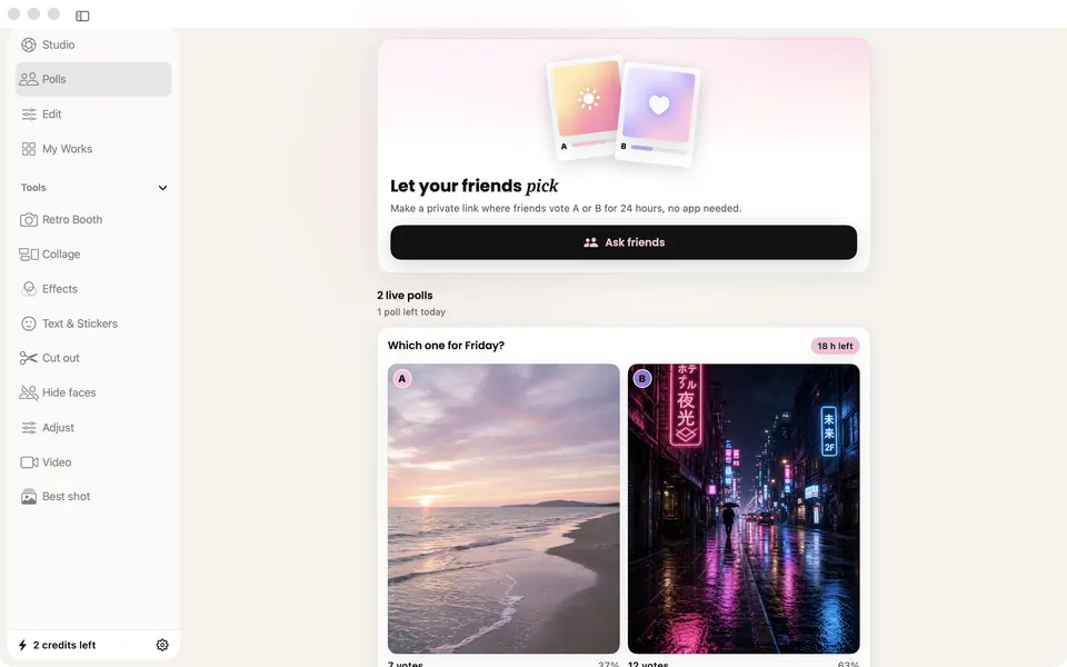 The Polls tab on a Mac: a live poll with its votes, on AI-generated sample photos (not real people)