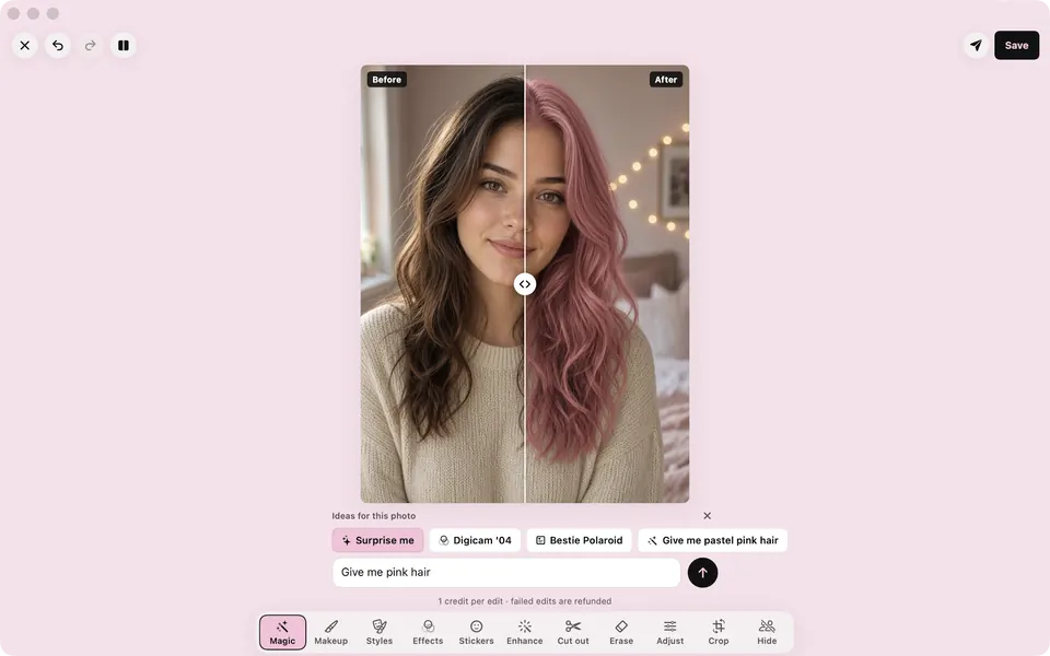 Magic Edit on a Mac: “Give me pink hair” with the before and after slider, on an AI-generated sample photo (not a real person)