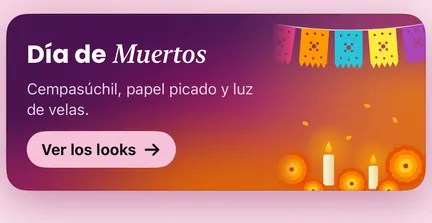 Explore in Mexico for Día de Muertos: a banner with papel picado, marigolds and candles, in Spanish