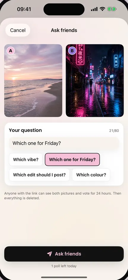 Ask friends: two photos, a beach at sunset and a neon street, and the question “Which one for Friday?”, on AI-generated sample photos