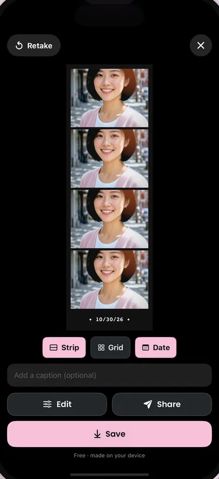 A Retro Booth strip: four shots printed with the date, on an AI-generated sample photo
