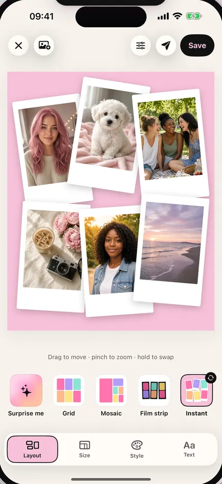 A photo dump of six instant prints, on AI-generated sample photos