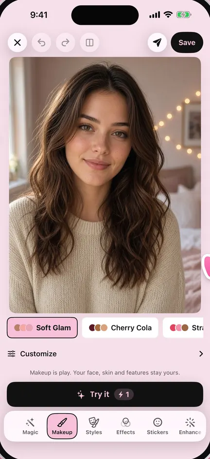 Makeup Studio with the Soft Glam and Cherry Cola looks, on an AI-generated sample photo