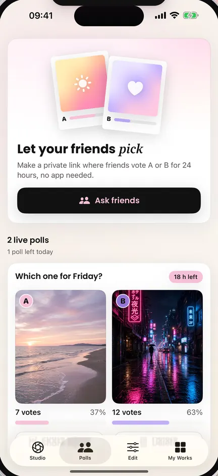 The Polls tab: a live poll with 7 and 12 votes and 18 hours left, on AI-generated sample photos