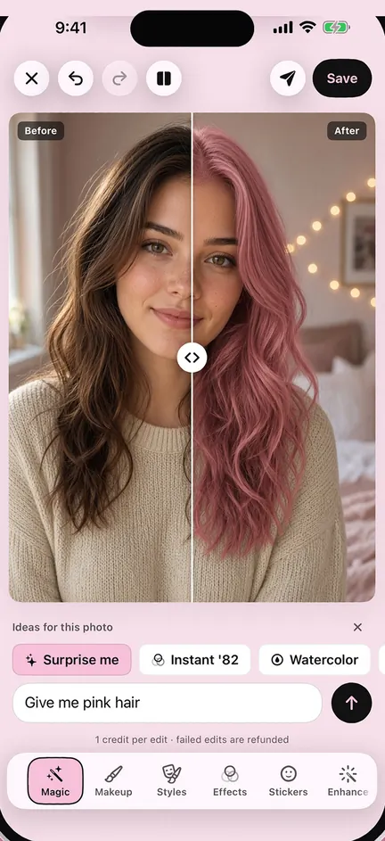 Magic Edit: “Give me pink hair” with the before and after slider, on an AI-generated sample photo